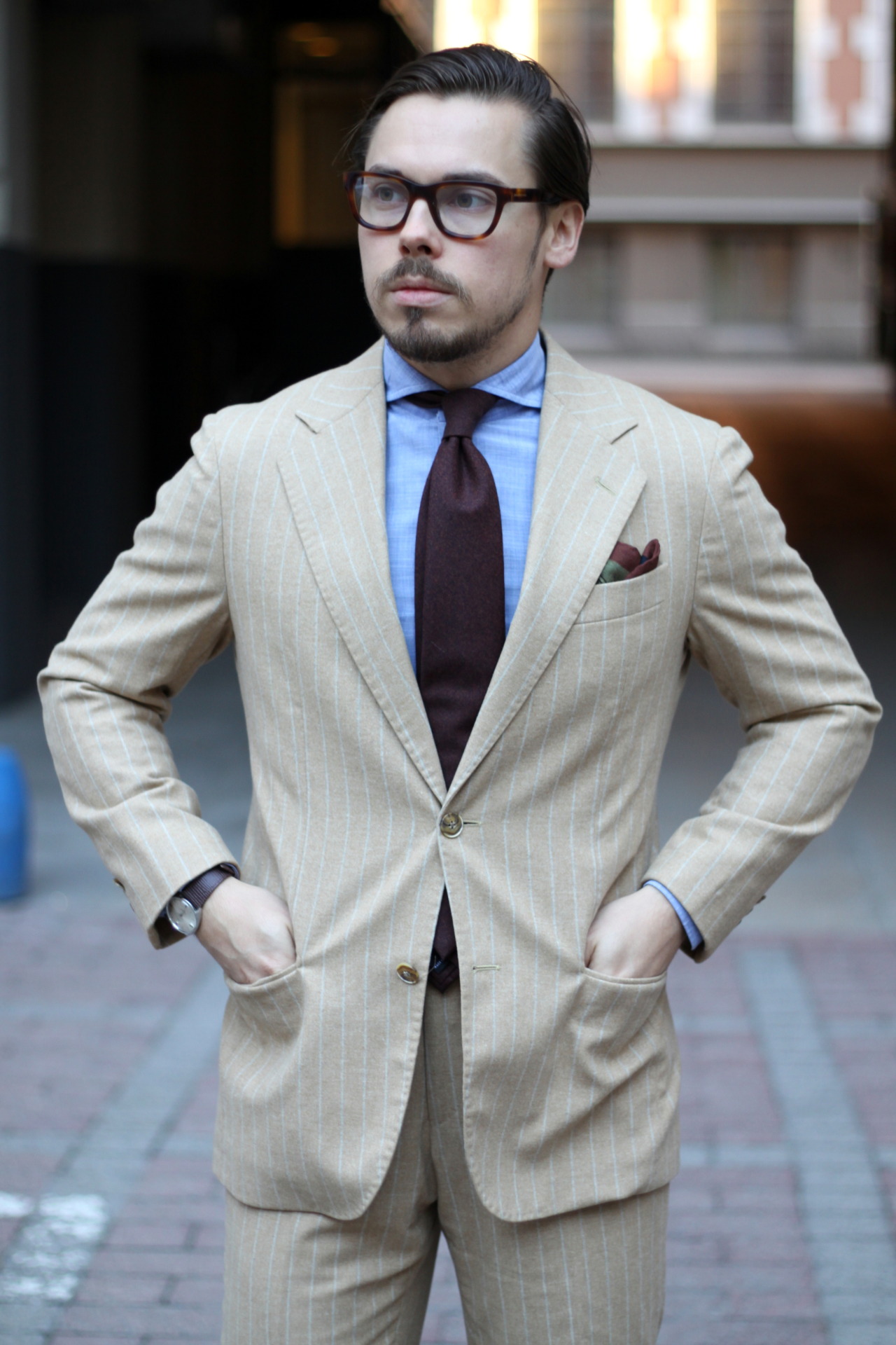 DressLikeA - Chalk stripe flannel suit & shades of brown Read...