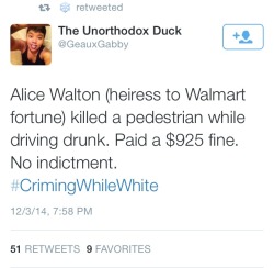 misandry-mermaid:  liberalsarecool:  lucidnee:  I just googled this shit and it’s true. &ldquo;Walton had previously been convicted in 1998 of drunken driving in Springdale, Ark., following a single-vehicle accident. In 1989, her vehicle struck and