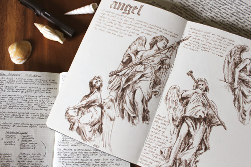 darkmacademia:my sketches of my favourite angel statues with a sepia fineliner.