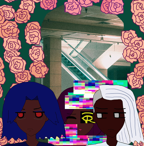 the triplets are in front of a liminal teal empty mall escalator. antonio's frowning and not getting any sleep with red eyes irritated and brows drawn. he has blue hair like waves. behind him is a strange fernando who is glitching and smiling but has the eye of horus in gold in front of his left eye. raj is frowning as he stares at antonio next to him with dark brown skin and falling silver hair that's flipped. light orange and pink roses fall everywhere behind them with a mimicked blue-green rose arch similar to armando and ranvir's in their older age rose arch art.