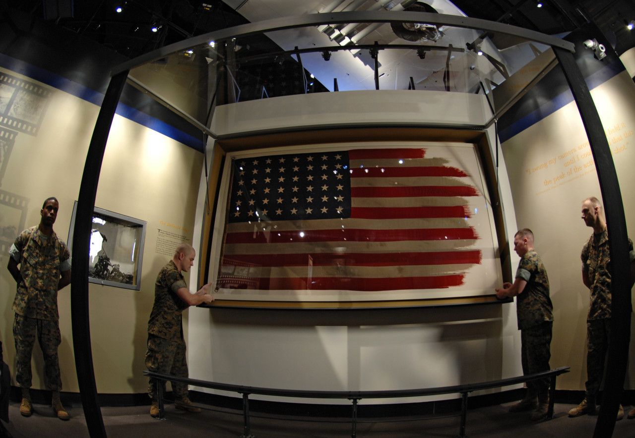 museum-of-artifacts:Flag froim the Iwo-Jima raising, 1945 preserved in National Museum