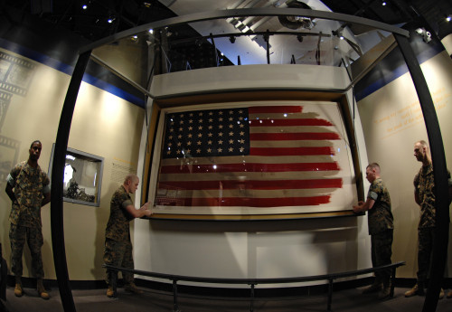 museum-of-artifacts:Flag froim the Iwo-Jima raising, 1945 preserved in National Museum of the Marine