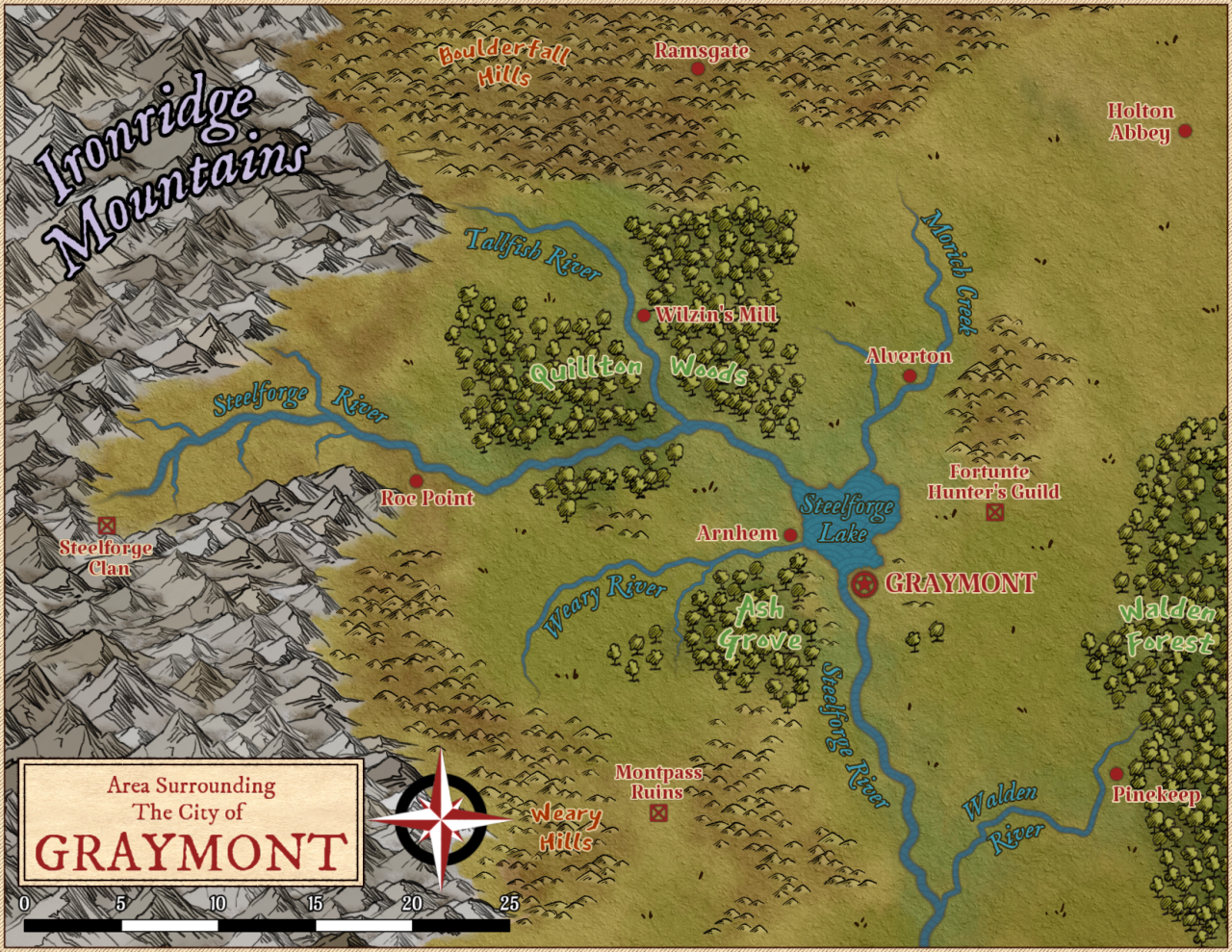 My latest map using Wonderdraft. This map is the starting region for a campaign I’m planning (hopefully playing it soon!) This region is home to the Steelforge Clan of Dwarves and steel refinement is the primary economic driving factor.