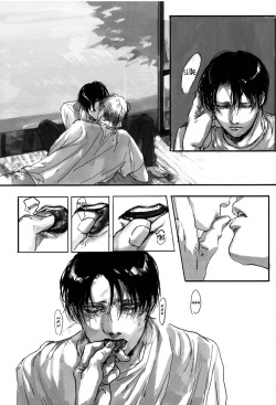 ukepowerplay:  ERWIN SMITH &amp; LEVI ACKERMANMANGA:  進撃の巨人 (Shingeki no Kyojin - “Summer’s End” doujinshi) (Attack on Titan doujinshi) CIRCLE: Chiruchiru (dj) / Isayama Hajime (original)