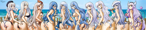 Here’s the complete “Blue-Eyes White Dragon” beach pic! Sfw and pregnant versions.  (One of the most elaborate commissions I’ve ever had the pleasure of working on.)From left to right, Seto Kaiba’s Harem   includes:Kashima (Kantai Collection)A