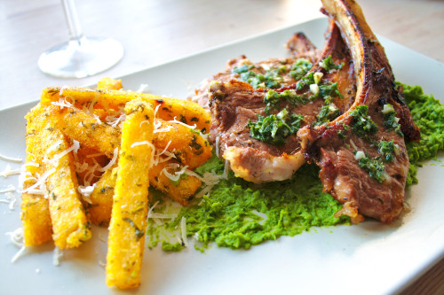 let-the-baking-begin:food-porn-diary:Lamb Chops with Minted Pea Puree & Parmesan Polenta Fries [