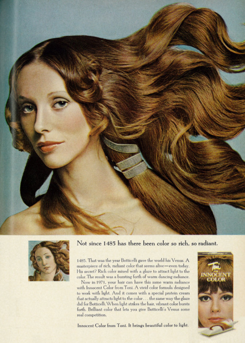 medievalhair:1971 Beauty Ad, Toni Innocent Hair Color, Lovely Renaissance Redhead Tagline:“Not since