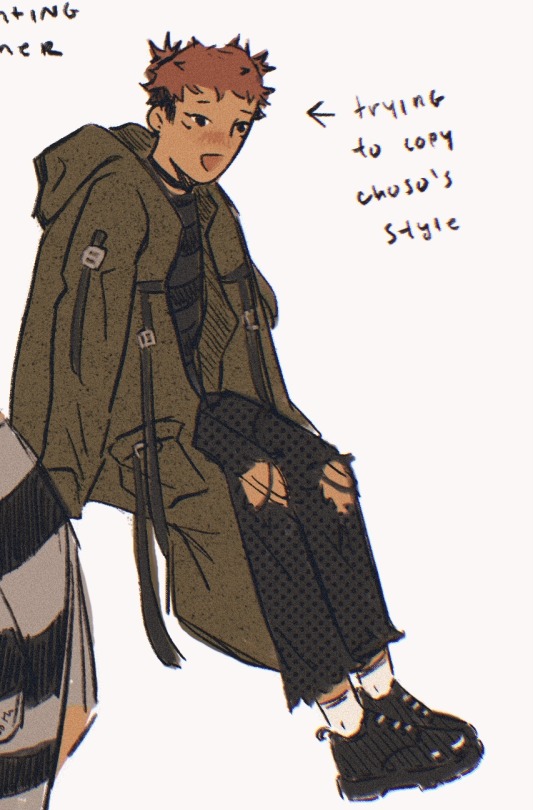 yuuji sits with his arms propping him up. he's wearing an oversized green coat with straps and pockets, black pants with torn knees, and doc marten platform shoes. his hair is tied into two small, spiky buns similar to choso's hair. an arrow points to him and says "trying to copy choso's style"