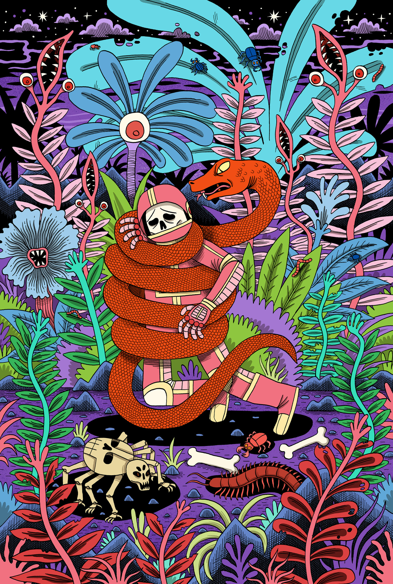 jackteagle: Snake Attack!Originally I was struggling with how to colour this image, since the ink drawing is now over a year old. The colours were inspired by a recent trip to the Eden project at night. Sometimes all it takes is a trip or a walk, and