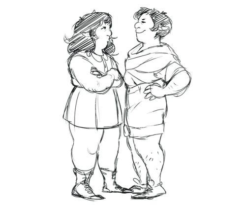 tuherrus:insufferable sister [ID: two drawings of Lup and Taako, chubby dark-complexioned elven twin