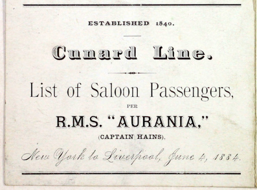 Cunard Line RMS Aurania New York to Liverpool 1884 Passenger List