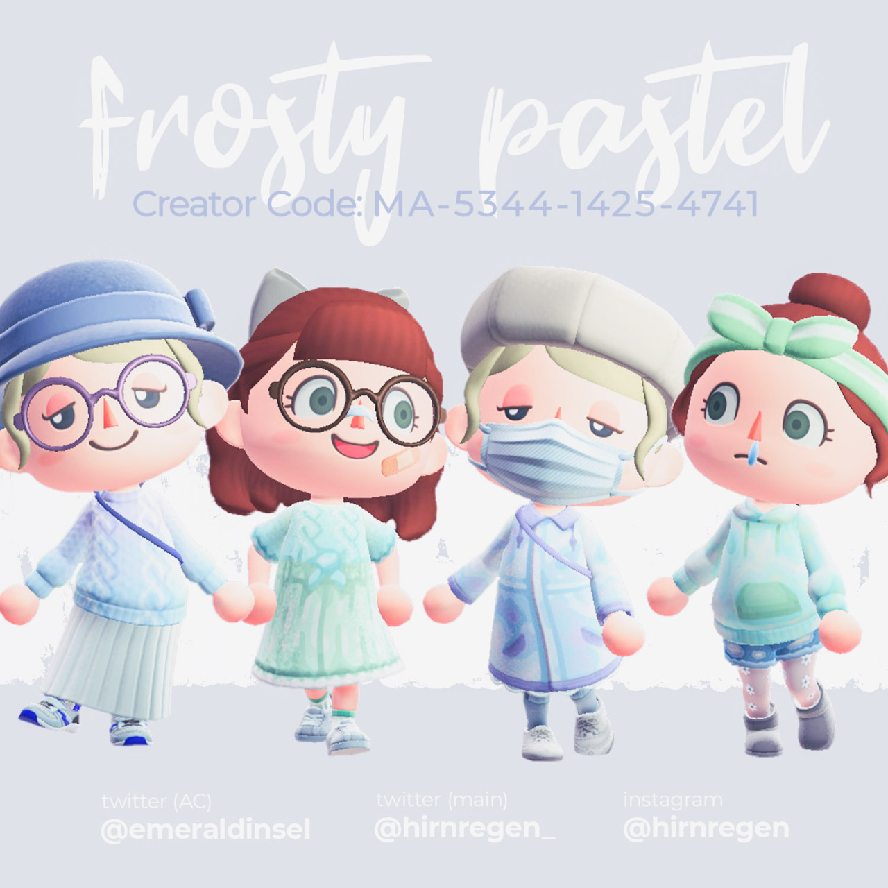 frosty pastel collection ✿ by emeraldinsel on twt #acnh#acnh design #acnh custom design #acnh pattern#animal crossing#type: coat#coat#top#clothes #type: short sleeve dress  #short sleeve dress #dress#type: sweater#sweater#type: hoodie#hoodie#blue#pastel#winter