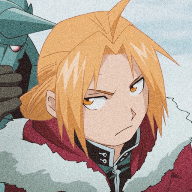 An icon of ed from fullmetal alchemist. he has a serious look on his face as he leans towards al who is whispering in his ear. he wears his winter coat.