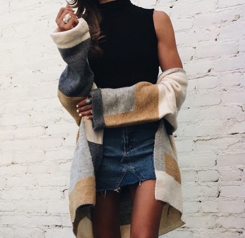 thestylexplorer:Cardigan >> Cowl Neck Tank Top >> Denim Skirt >> 