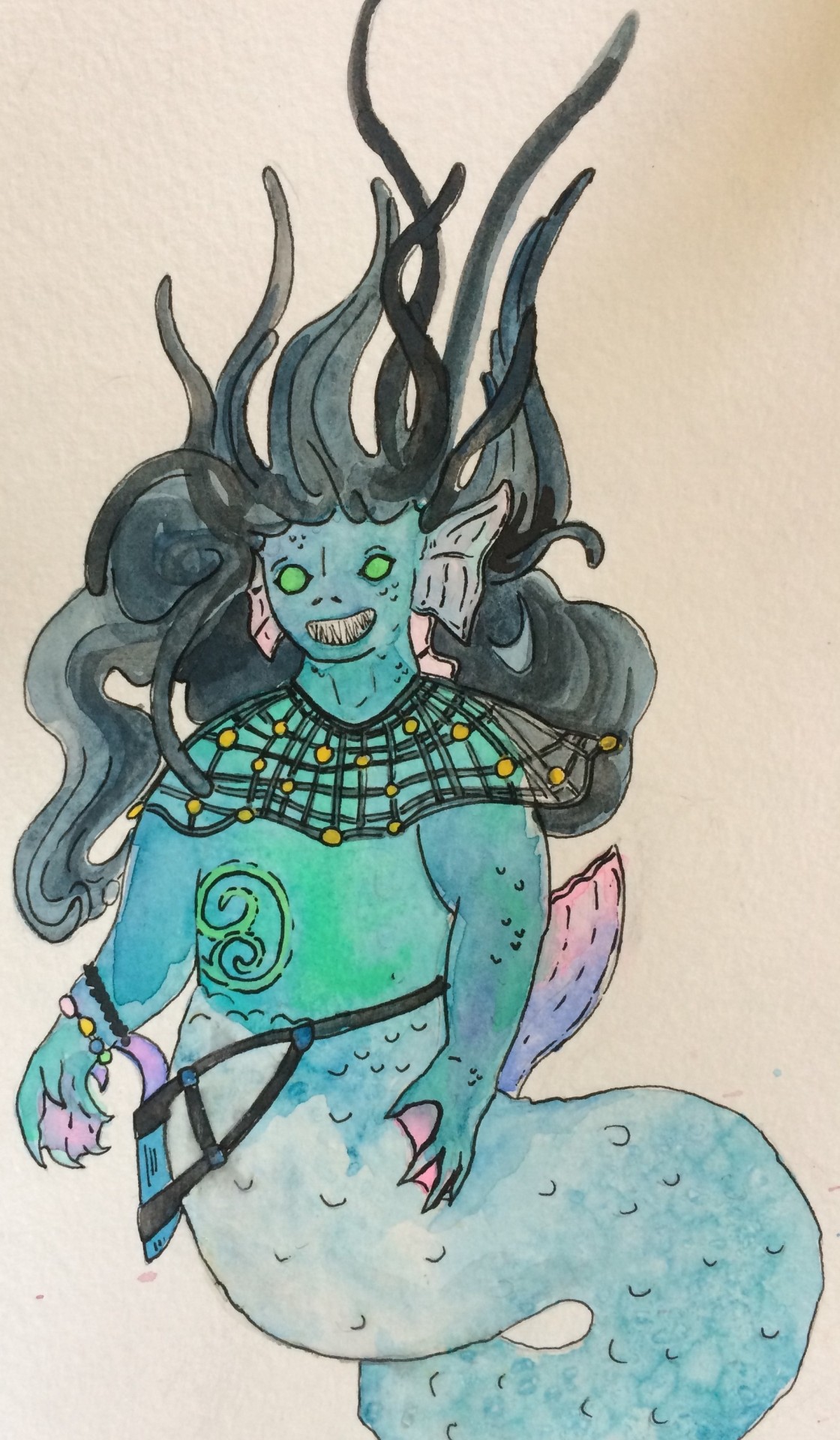 Full-body watercolor of Ava, a merperson. Her black hair, spreads upwards and out from her head. Her skin and tail are blue-green, with pink tips. She wears a net across her shoulders and a knife in a sheath against her tail. 