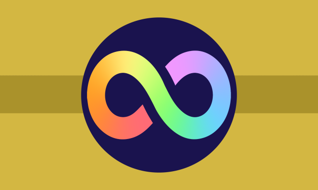 A moustard yellow flag with a symbol in the middle. A large navy blue circle is in the middle, inside there is a pastel rainbow infinity symbol. The flag is made up of three horizontal bands, the middle one being much smaller. The colors are, in order, pastel moustard yellow, moustard yellow, pastel moustard yellow.