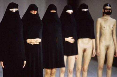 vogue-is-viral:  Hussein Chalayan S/S 1998 “Between”  “It was about defining your cultural territory. How a group of people define their territory with their clothes. The covering of the body was also representative of death, the veil bringing the