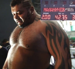 real-thick:  Big, Beefy and Tattooed Power Brute. Watch the video. 