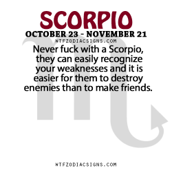 wtfzodiacsigns:  Never fuck with a Scorpio, they can easily recognize your weaknesses and it is easier for them to destroy enemies than to make friends.   - WTF Zodiac Signs Daily Horoscope!  