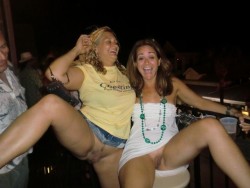 carelessinpublic:Drunk ladies in a short dress and short skirt inside a bar and showing their bottomless pussy