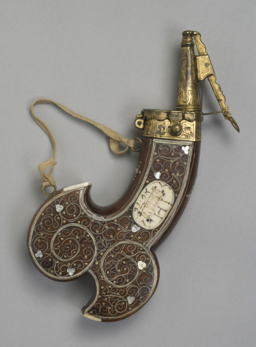 Bone and pearl mounted gunpowder flask originating from Germany, dated 1676.from The Philadelphia Mu