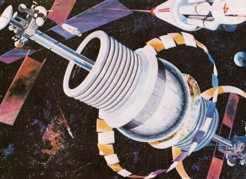talesfromweirdland:Space colonies as envisioned by NASA in the 1960s/1970s. The wheel-shaped constru