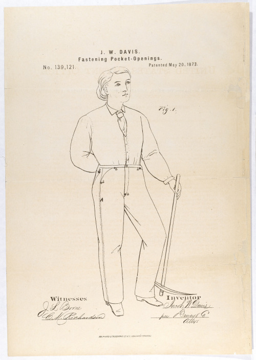 On May 20, 1873, Jacob W. Davis of Levi Strauss & Co. received patent #139,121 for an “improvement in fastening pocket openings.” Davis’s improvement consisted of “the employment of a metal rivet or eyelet at each edge of the pocket opening to...