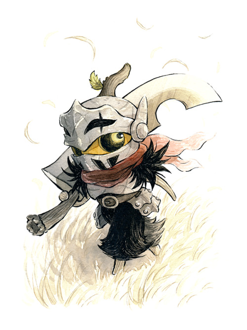 The Pumpkling Knight wanders through the windy, grassy field.  This drawing was a Kickstarter reward