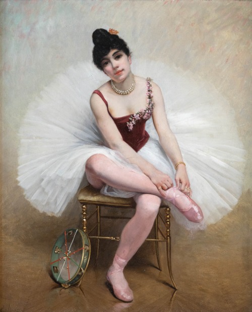 Louis Galliac (1849-1934), ‘Ballet dancer sitting on a chair with copper legs, attaching shoe to the