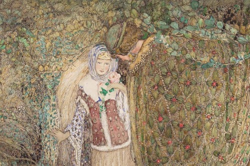 Tristram and Iseult.Pen and watercolour.23 x 36 cm.Art by Annie French.(1872-1965).