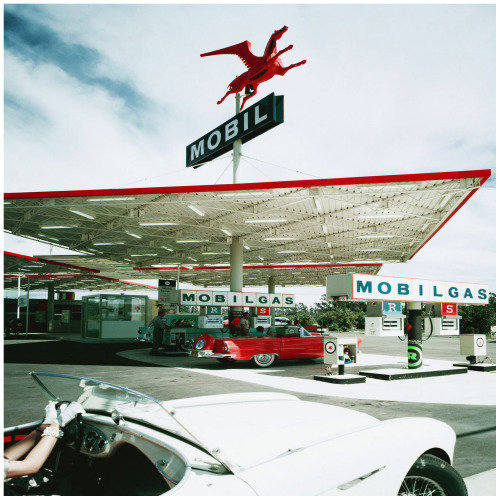 midcenturymodernfreak:  1956 Mobil Gas Station | Architects: Whitney Smith & Wayne Williams | Anaheim, CA | Photo: Julius Shulman Today the property is an empty lot surrounded by chain link fence.  - Via: 1 | 2 | 3 