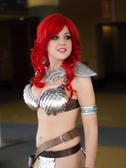 nicolejeancosplay:  Oh no! I was caught out of a character and smiling! ;D Red Sonja costume made by me. Armor is real scalemail that I linked together. 500 aluminum scales and approximately 1,000 steel rings. Other armor is made from Worbla. You can