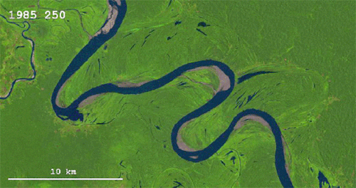This gif shows a series of Landsat photographs of the Ucayali River in Peru over several decades. Wa