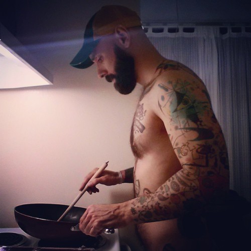 tzaris:  My son, trying to prove to me that I look angry when I’m cooking, lol.  #scruff #tattoos #hairy #instagay #chest #bear #gaybear #inked #instahomo #tattoo #inkedmen by hangthedeeej http://ift.tt/1yKDtct