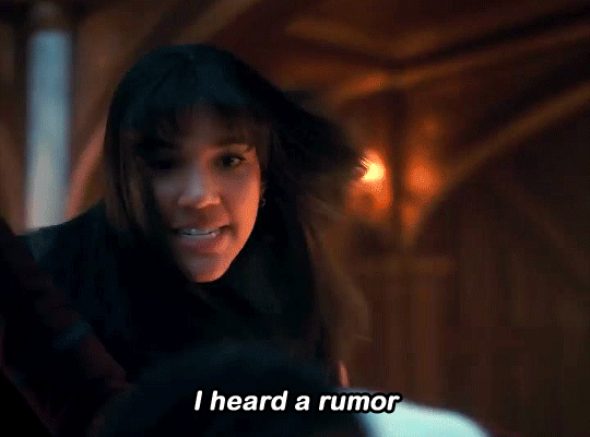 Gif of Allison Hargreeves from The Umbrella Academy in a promo clip for Season 3. She skitters across the floor and gets to her opposite number from the Sparrow Academy, Fei. Gritting her teeth, Allison says, "I heard a rumour"