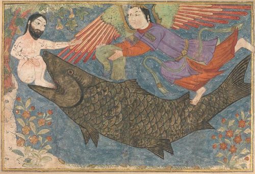 worldhistoryfacts:Jonah is swallowed by the whale in the Jāmiʿ al-tawārīkh, the “Compendium of Chron