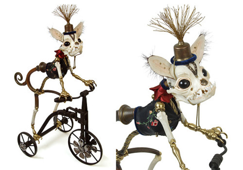 cross-connect:  Jessica Joslin transforms unexpected found objects such as bullet casings, old brass buttons, musical instrument parts, bones, and other nostalgic ephemera into skeletal animal figurines ranging in size from one inch to six feet. Her