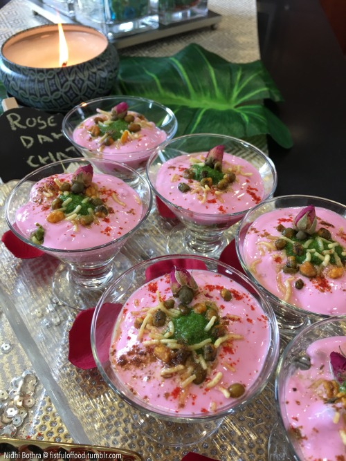 Gulaab ki Chaat - savory rose flavored yogurt, moong sprouts, potatoes, boondi