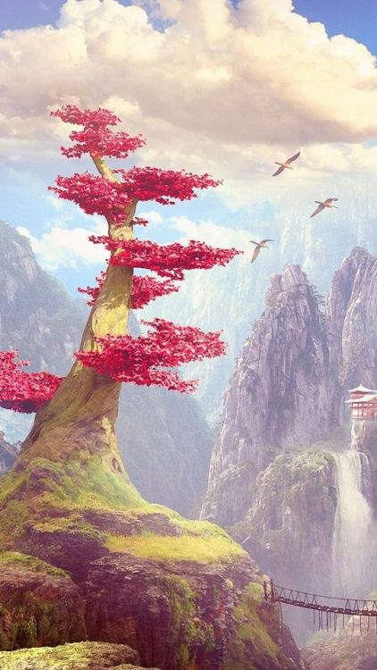 Blossom, red tree, hills, fantasy, art, 720x1280 wallpaper @wallpapersmug : http://bit.ly/2EBfd6v - 