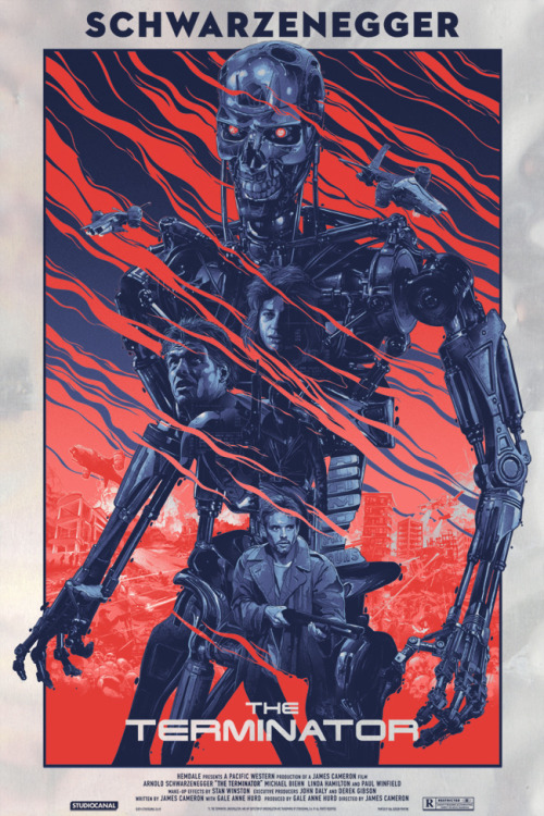 xombiedirge:The Terminator by Grzegorz Domaradzki 24” X 36” 5 color screen prints, numbered regular edition of 325, variant edition of 175 and foil edition of 50. Part one of a diptych set also featuring Terminator 2: JD which will follow in January.
