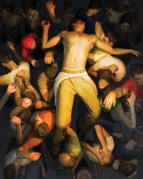 ganymedesrocks:  ultrawolvesunderthefullmoon:  Bryan Leboeuf, “Mosh Pit”, Oil on Linen, 2003 Bryan Leboeuf’s painting, Mosh Pit, depicts a crowded expanse of bodies and limbs viewed from above, on top of which a man is suspended, held by the people