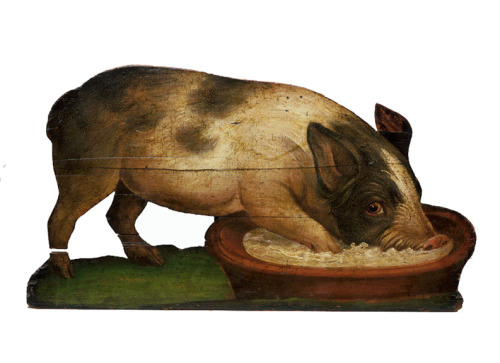 Dummy board, Pig feeding from a bowl, 1750-1800. Oil on wood. V&amp;ADummy boards are life-size, fla