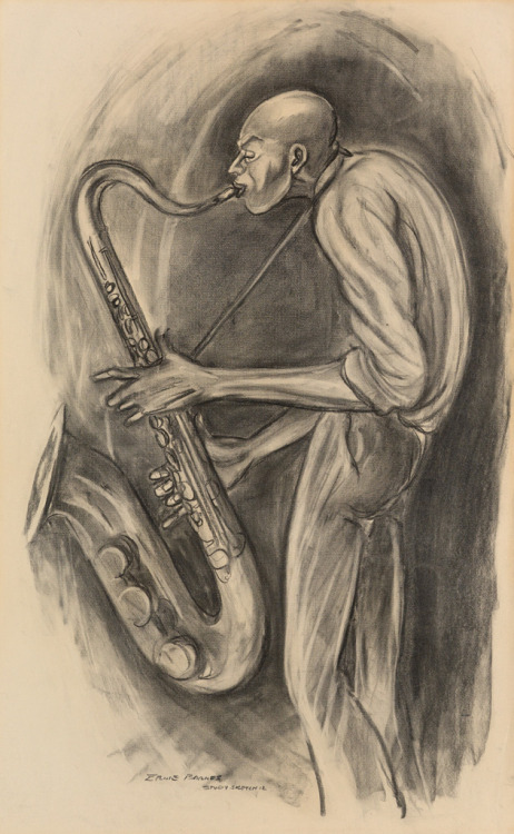 jareckiworld:Ernie Barnes (1938-2009) — Sax Player (charcoal on textured buff wove paper, 1995)