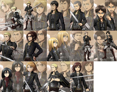 Hangeki no Tsubasa - Complete & Almost Complete Character ClassesComplete:Default Soldier Class (Regular uniform)Quick Assault Armored Class (Red uniform)Special Nighttime Combat Riot Class (Dark brown uniform)Wings of Freedom Class (Survey Corps