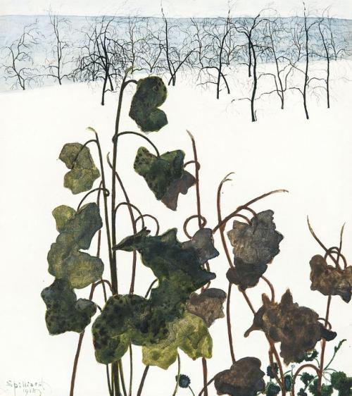 Snowy landscape with ivy and trees, Leon Spilliaert. - Watercolor and Pencil on Paper -