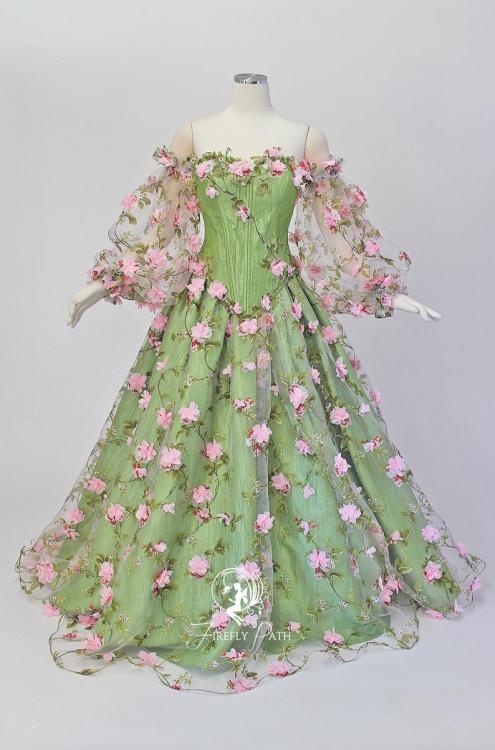 lesbeauan:figdays: In Bloom Gown // FireflyPath [Image description: Three photos showing the ba