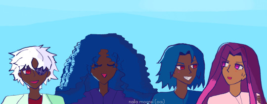 Layla has a red eye, eyepatch, and an odd smile going, is dark brown with wavy white-silver anime hair. She wears a light green suit with green shadow, and a red shirt. Alia is also dark brown, has falling anime ocean blue curls, with a noticeable aqua highlight. She's smiling to herself and wears a blue-violet coat. Antonio has red eyes, a grin, is brown, has lighter ocean blue hair that falls like ocean waves, and has grabbed onto Alejandro, who looks a little shy, is sienna brown, has long violet hair, fuschia eyes (a power-up of red eyes), dark pink dyed locks in front of him, and he's wearing a pink shirt, as is looking back at Antonio. They both have slight blushes.