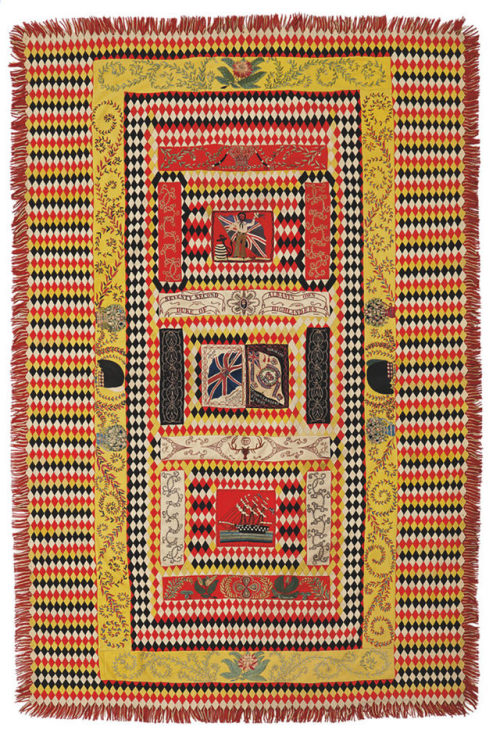 Regimental “bed rug” by Sergeant Malcolm Macleod, India, c. 1865. Wool, mostly from military uniform