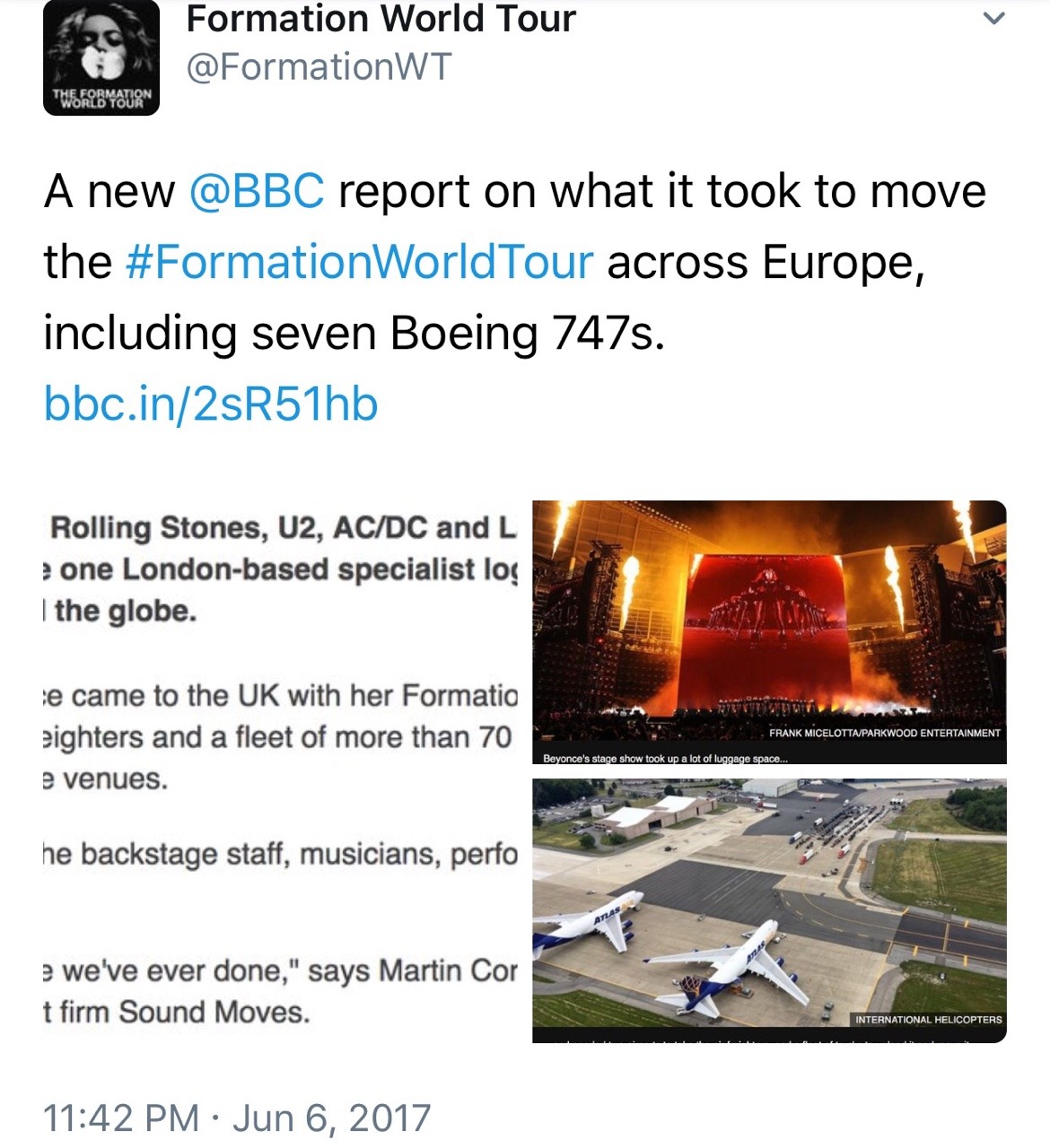 beyhive1992:  According to BBC, the Formation Tour takes …  7 Boeing 747s 90 Trucks