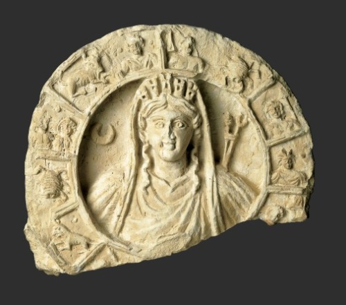 centuriespast:Roundel With Bust Of Atargatis-tyche And ZodiacDate:50 AD-150 ADPlace:Khirbet Tannur/P